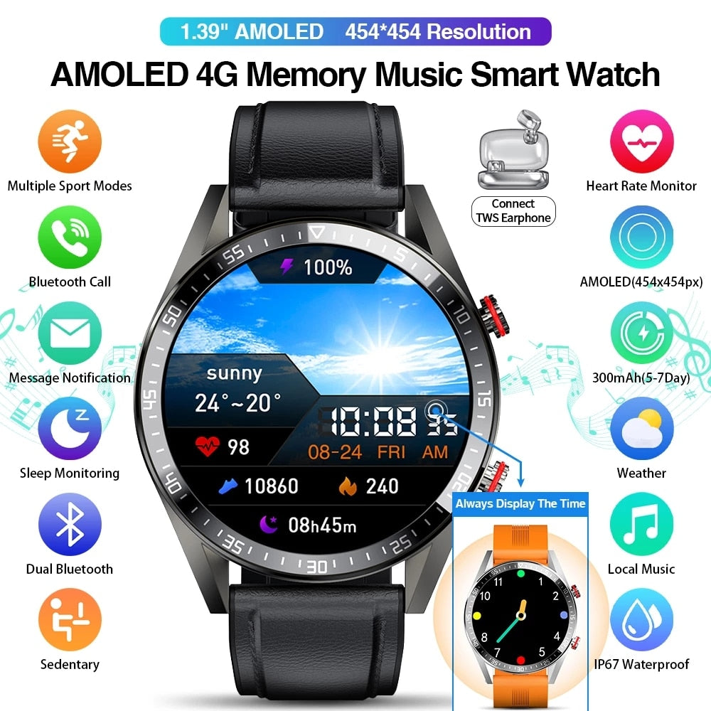 2021 New 454*454 Screen Smart Watch Always Display The Time Bluetooth Call Local Music Smartwatch For Mens Android TWS Earphones